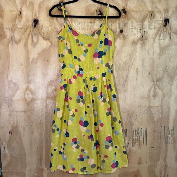 VIA SIGNORIA 100% Linen Midi Yellow Polka dot Sundress Made In Italy Sz L - Picture 2 of 7
